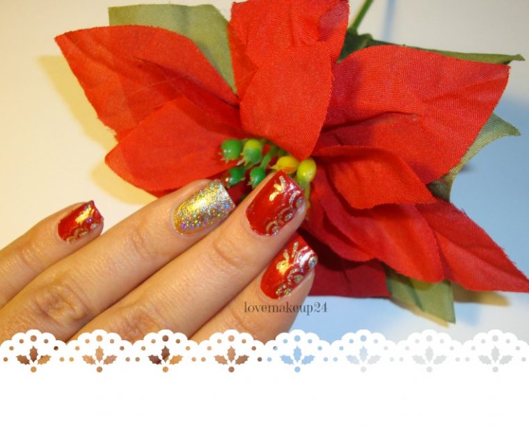 Tutorial Nail Art Natale Holiday Brilliant Gold Red Accent